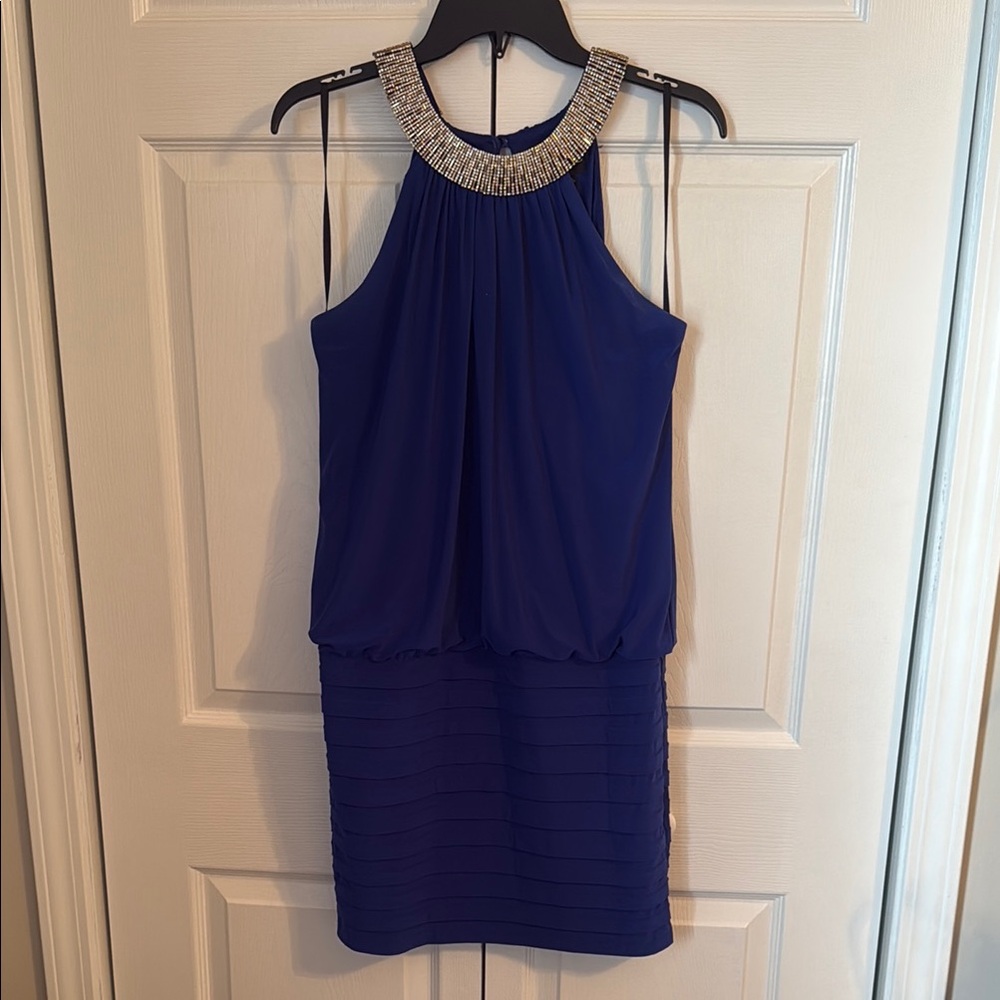 Xscape Royal Blue Mini Dress with Silver Embellished Neckline